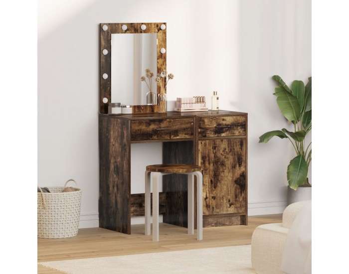 Комплект огледало и тоалетка с LED, Опушен дъб, Инженерна дървесина