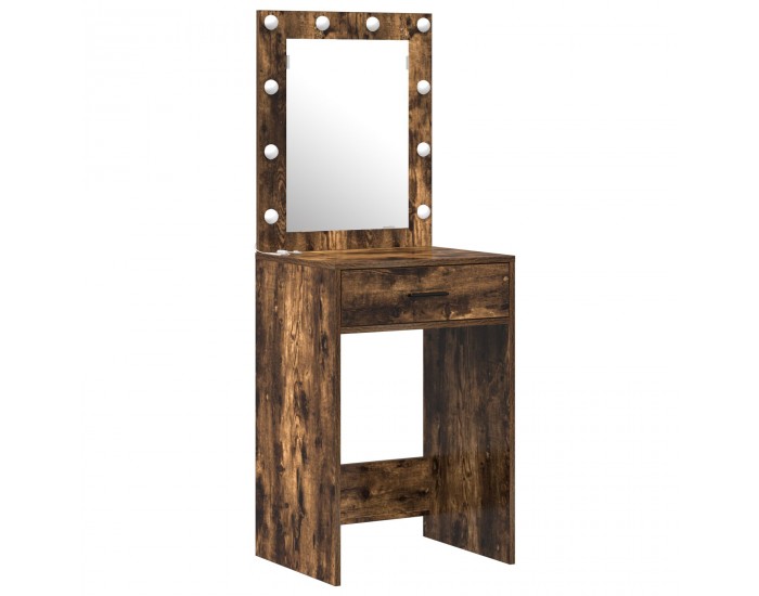 Комплект огледало и тоалетка с LED, Опушен дъб, Инженерна дървесина