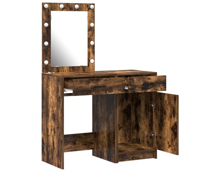 Комплект огледало и тоалетка с LED, Опушен дъб, Инженерна дървесина