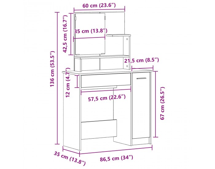 Sonata H Черен дъб тоалетна маса с огледало - 86.5 x 35 x 136 см