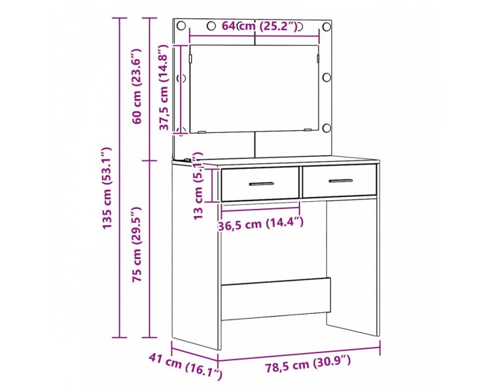 Sonata H Тоалетка с LED осветление - Бяла, 78.5 x 41 x 135 см
