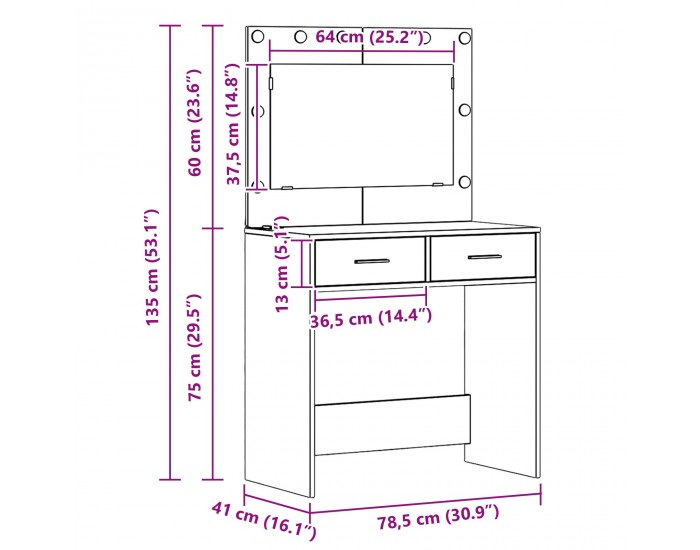 Sonata H Тоалетка с LED светлини Кафяв дъб 78,5x41x135 см