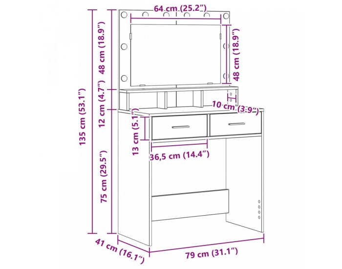 Sonata H Тоалетка с LED светлини - Сиво Сонома, 79x41x135 см