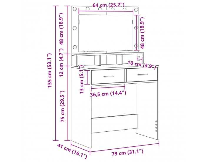 Sonata H Тоалетна маса с LED светлини, Кафяв дъб, 79x41x135 см
