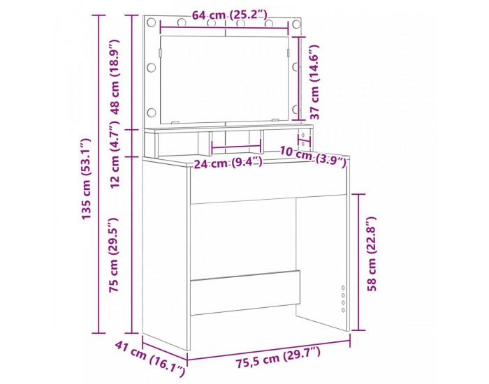 Sonata H Тоалетка с LED светлина Черен дъб 79x41x135 см