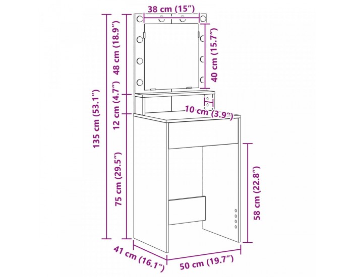 Sonata H Тоалетка с LED светлини, бяла, 50x41x135 см