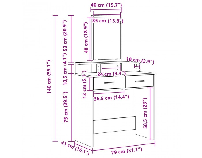Sonata H Тоалетка с чекмеджета Сив Сонома 79x41x140 см
