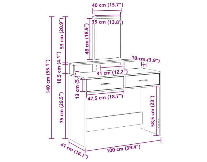 Sonata H Тоалетка с чекмеджета Сонома дъб 100x41x140 см