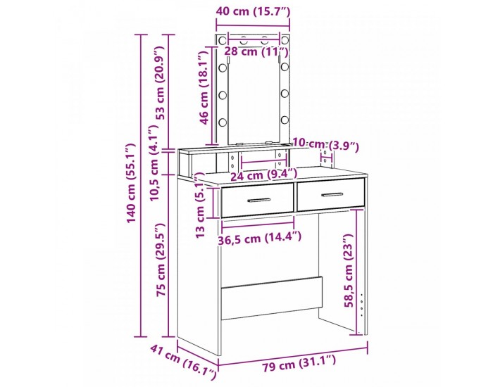 Sonata H Тоалетка с LED светлини в кафяв дъб 79x41x140 см