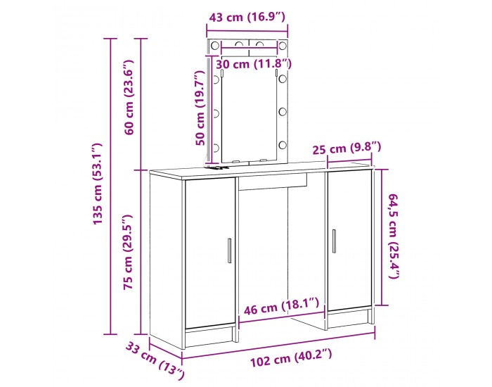 Sonata H Тоалетка с LED светлини Кафяв дъб 102x33x135 см