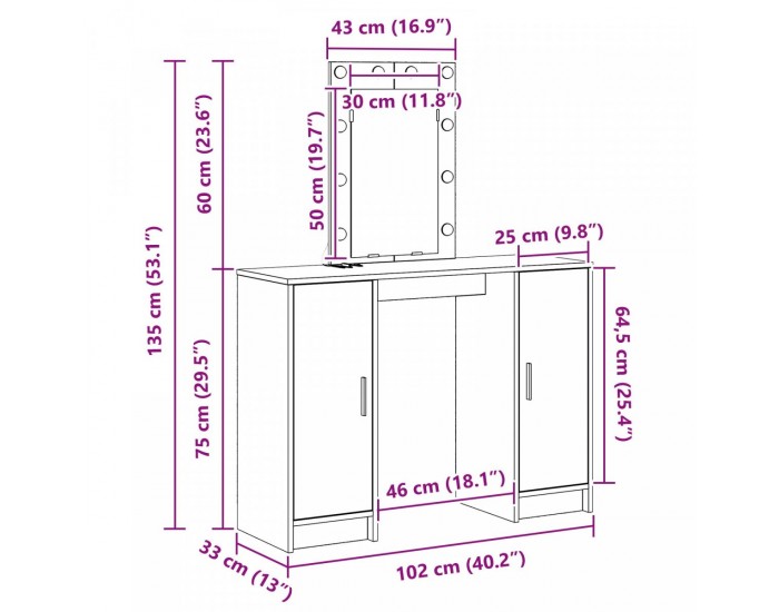Sonata H Тоалетка с LED светлини стара дървесина 102x33x135 см