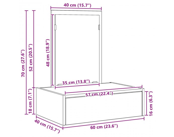 Sonata H Стенна Тоалетна Масичка Опушен дъб 60x40x70 см
