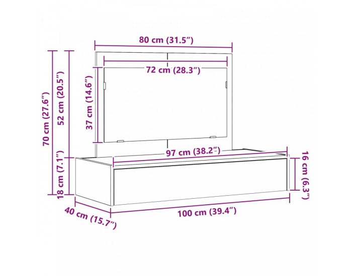 Sonata H Окачен тоалетен маса Бетонен сив 100x40x70 см