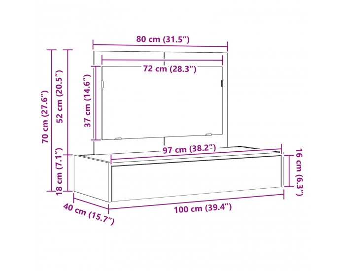 Sonata H Стенно тоалетно бюро сиво 100x40x70 см