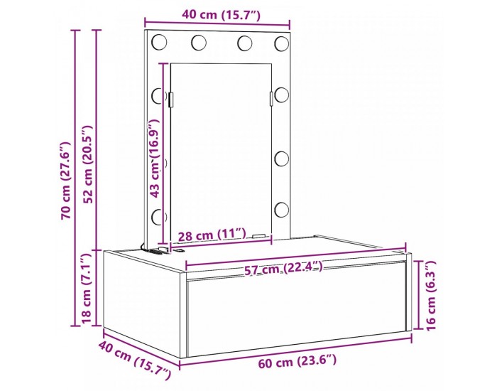 Sonata H Стенна Тоалетна Масичка с LED Лампи - Бяла