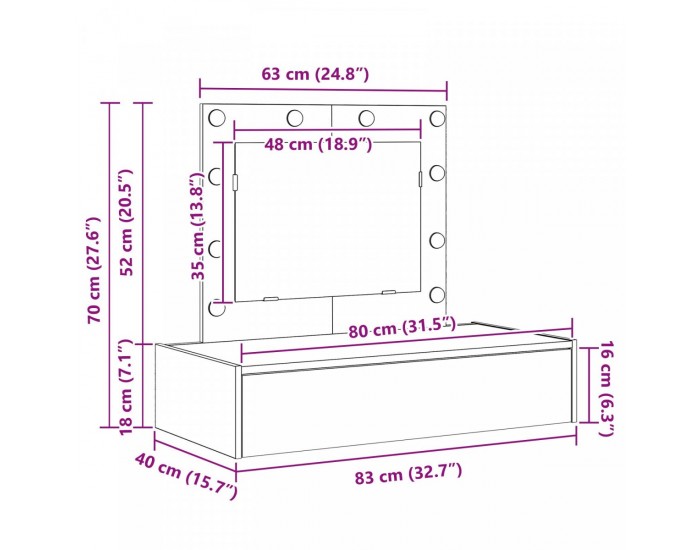 Sonata H Стенен тоалетен шкаф с LED светлини - Бял