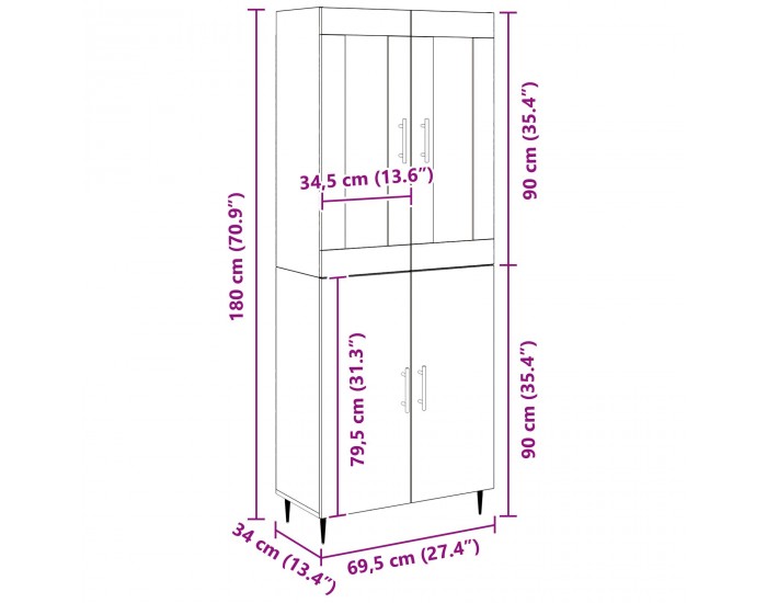 Sonata H Висок кабинет стара дървесина 69.5x34x180 см Инженерна дървесина