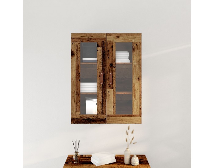 Sonata H Стенен шкаф с стъклени врати от старо дърво 69,5x34x90 см