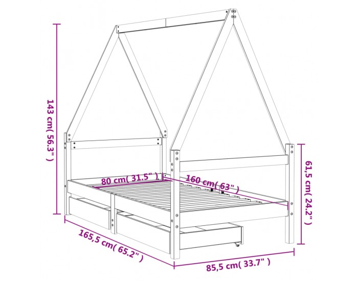 Sonata H Рамка за детско легло с чекмеджета 80x160 см бор масив