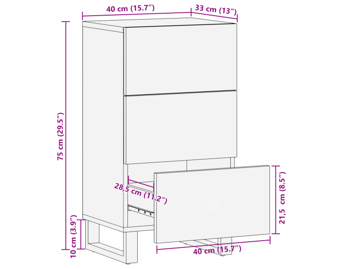 Sonata H Шкаф с размери 40x33.5x75 см от мангово дърво и инженерно дърво