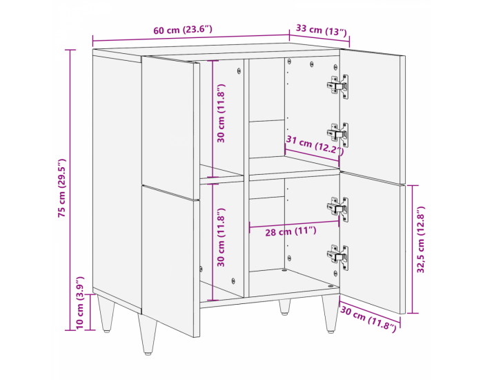 Sonata H Стойка Меденокафяво Масивна акациева дървесина 60 x 33 x 75 см