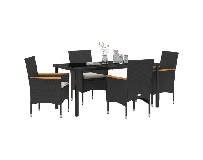 Sonata H 5 Часов Градински Трапезен Комплект с Възглавници Черен Полиратан