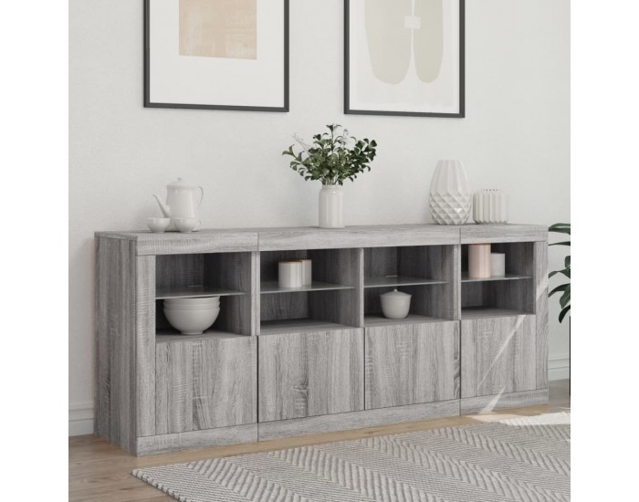 Sonata H Сайдборд с LED светлини, сив сонома, 163x37x67 см