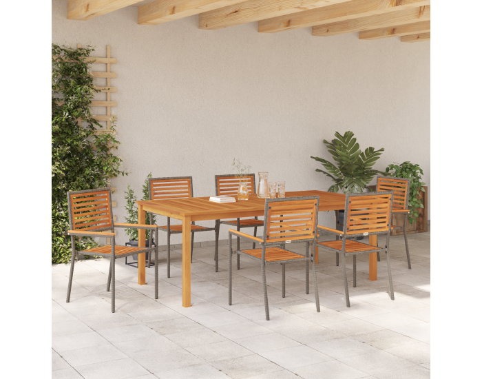 Градински комплект от 7 части Sonata H Сив полирано ратан и акация