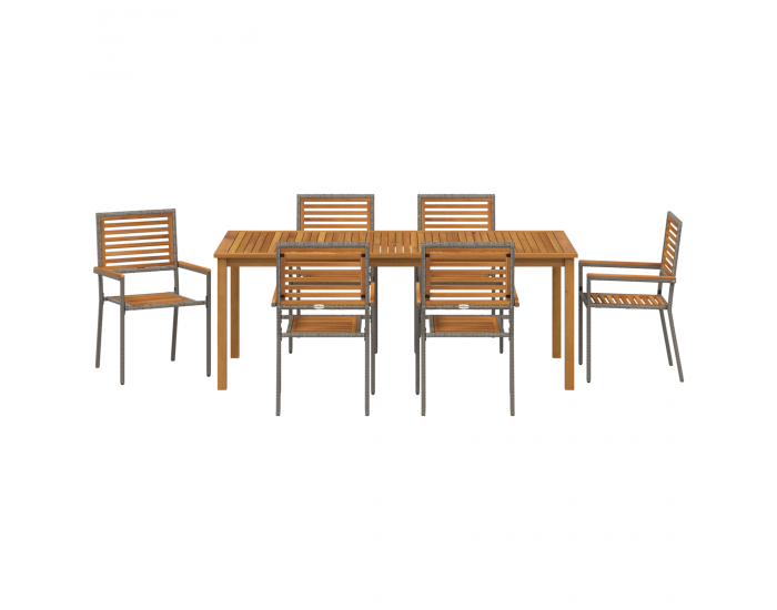 Градински комплект от 7 части Sonata H Сив полирано ратан и акация