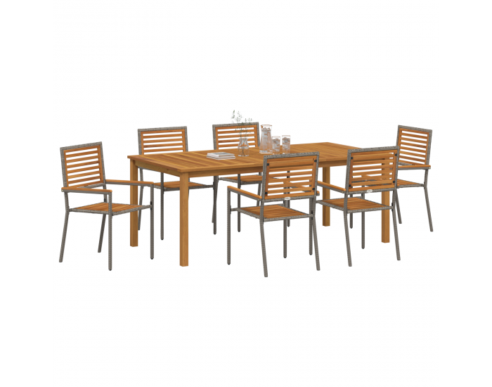 Градински комплект от 7 части Sonata H Сив полирано ратан и акация