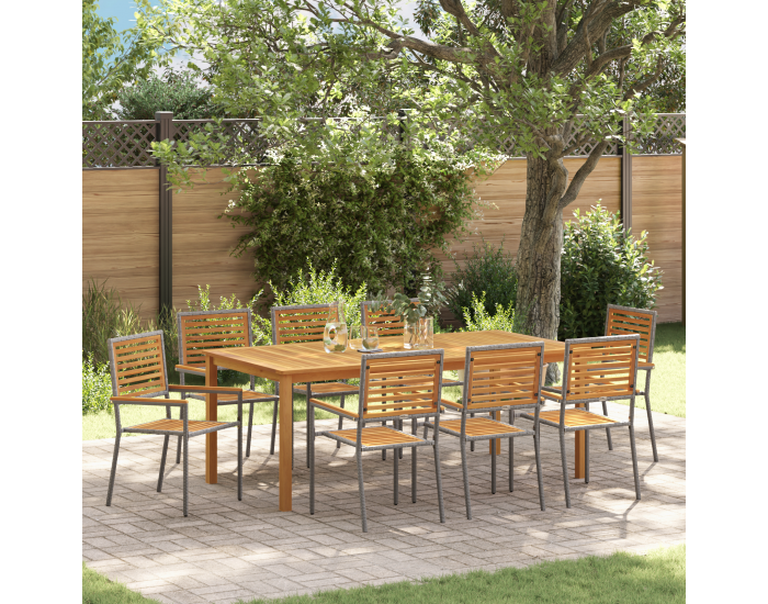 Комплект за градински обяд Sonata H от 9 части Сив Полирана ратан Акация