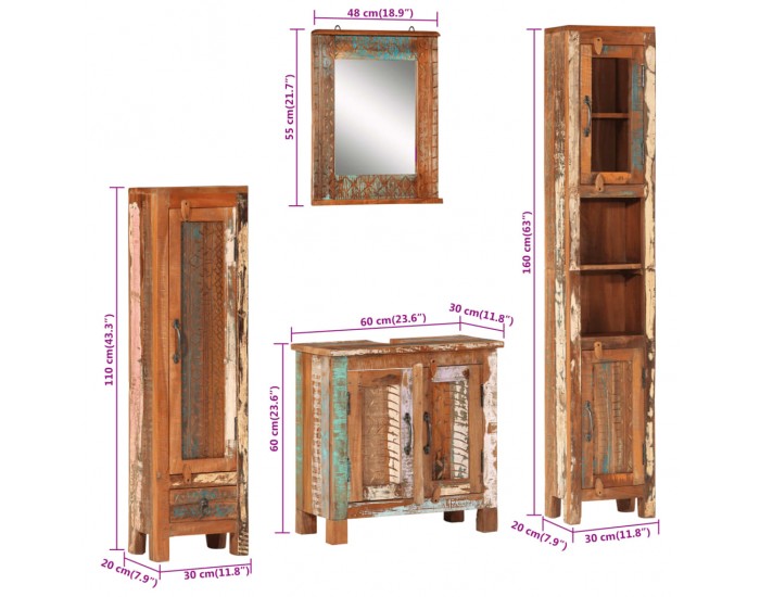 Sonata H Комплект мебели за баня 4 части масивна регенерирана дървесина