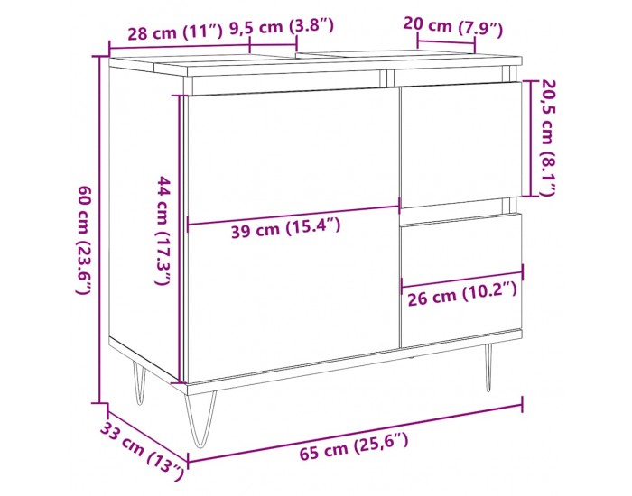 Sonata H Шкаф за мивка за баня, дъб артизан, 65x33x60см, инженерно дърво