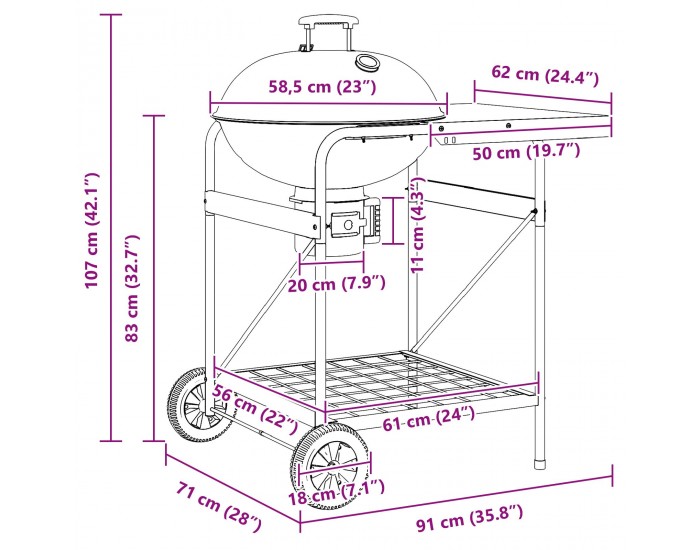 Барбекю на въглища Sonata H с количка и капак, Черно, 96x72x113 см, Метал