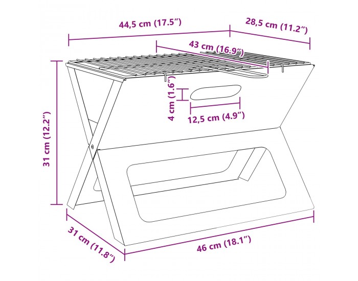 Sonata H Въгленов BBQ грил - Сгъваем, Черен, 46x30x31 см, Изработен от стомана