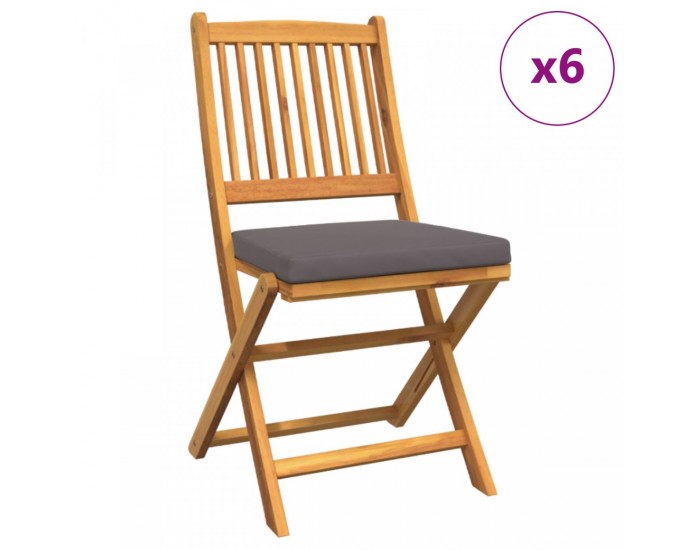 Сгъваеми градински столове Sonata H с сиви възглавници 6бр. от масивна акациева дървесина