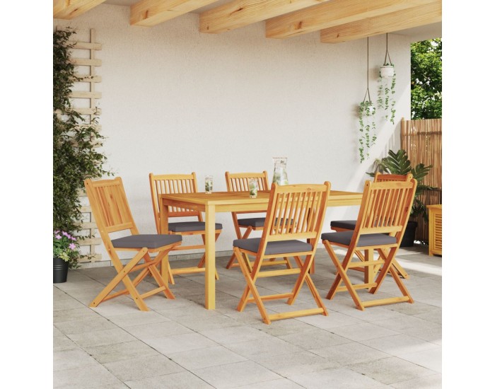 Сгъваеми градински столове Sonata H с сиви възглавници 6бр. от масивна акациева дървесина