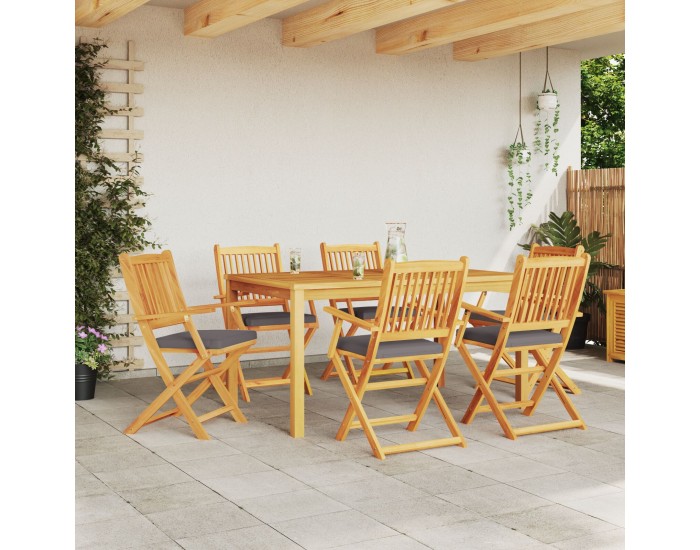 Сгъваеми градински столове Sonata H с сиви възглавници 6 броя от твърдо акациево дърво