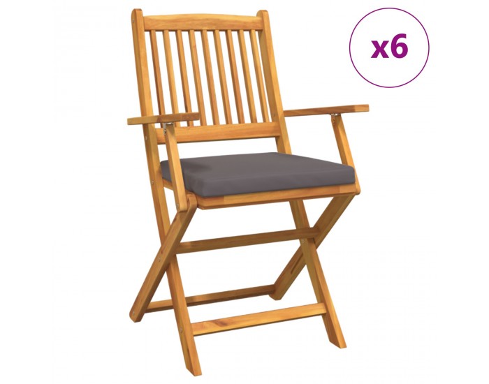 Сгъваеми градински столове Sonata H с сиви възглавници 6 броя от твърдо акациево дърво