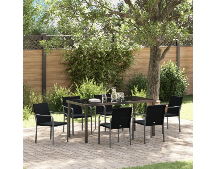 Комплект маса и столове за градина Sonata H с 7 части и възглавници, черен, лъскав
