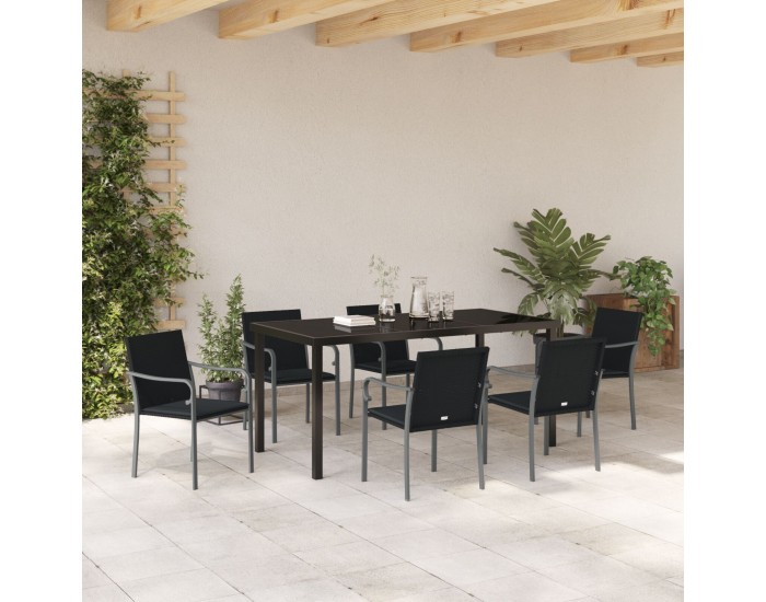 Комплект маса и столове за градина Sonata H с 7 части и възглавници, черен, лъскав