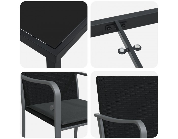Комплект маса и столове за градина Sonata H с 7 части и възглавници, черен, лъскав