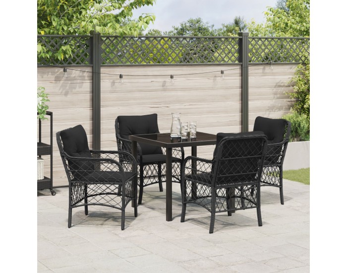 Sonata H 5 Часов Комплект Градински Трапезен Стол с Възглавници Черен Полиестерен Ратан