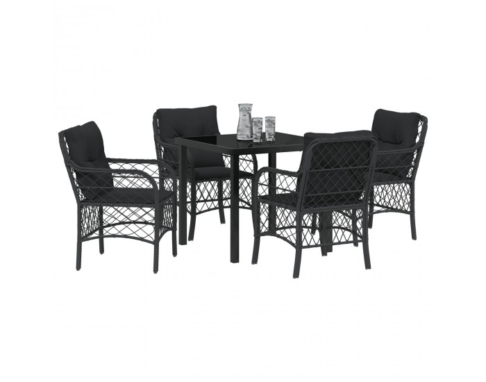 Sonata H 5 Часов Комплект Градински Трапезен Стол с Възглавници Черен Полиестерен Ратан