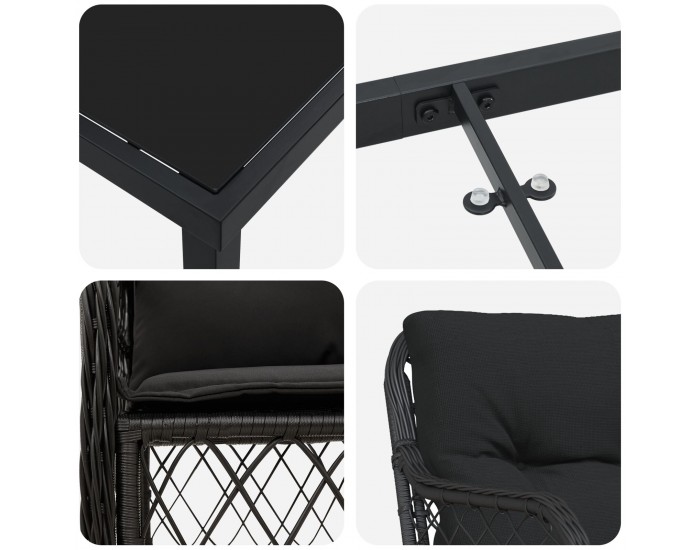 Sonata H 5 Часов Комплект Градински Трапезен Стол с Възглавници Черен Полиестерен Ратан