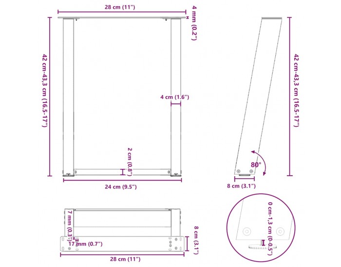 Sonata H Крака за масичка за кафе, U-образни, 2 бр., естествена стомана, 28 x (42-43) см, стомана