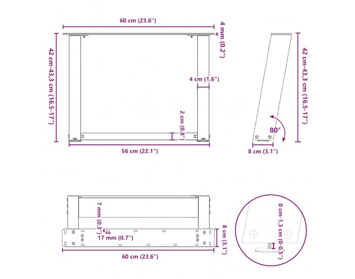 Sonata H Крака за масичка за кафе, U-образни, 2 бр., естествена стомана, 60 x (42-43) см, стомана
