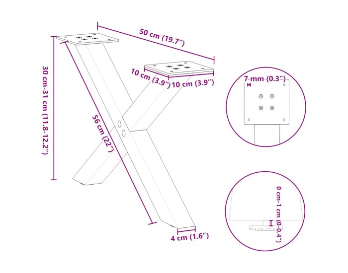 Sonata H Крака за масичка за кафе, X-образни, 2 бр., бели, 50 x (30-31) см, стомана