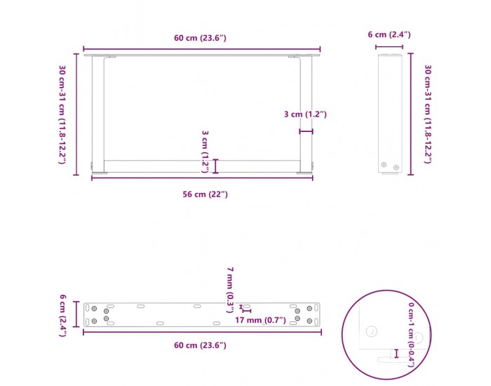 Sonata H Крака за масичка за кафе, U-образни, 2 бр., естествена стомана, 60 x (30-31) см, стомана