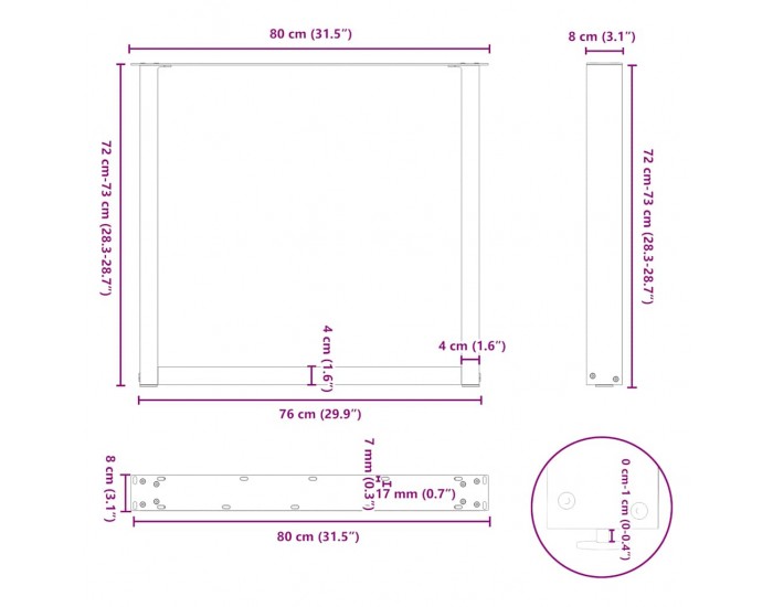 Sonata H Крака за трапезна маса, U-образни, 3 бр., естествена стомана, 80 x (72-73) см, стомана